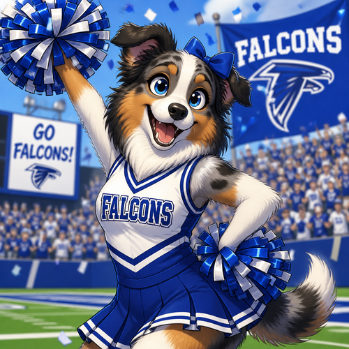 A female Australian shepherd cheerleader in a blue and white uniform cheering for a team called the “Falcons”, animated style 
