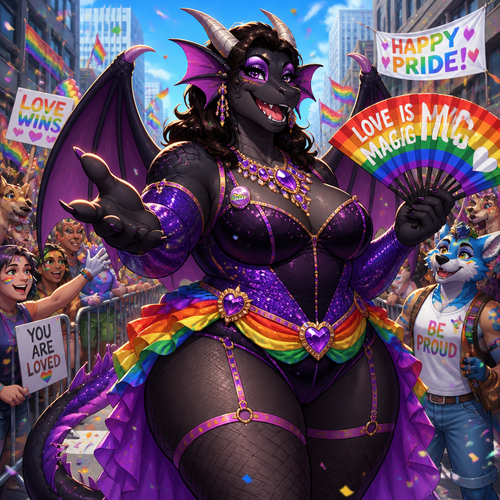 A beautiful adult anthro Dragon male as a drag queen with thick thighs and makeup on today’s pride day in a city parade. So friendly and supportive. Animated verse. Humans and anthros.
