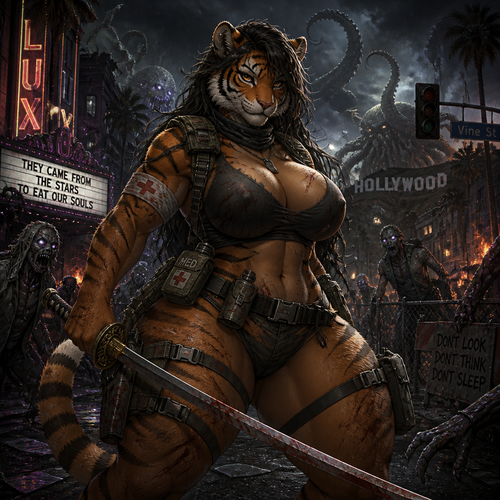 A busty well-made adult anthro Tiger that has thick thighs and survival gear on and holding a saber sword for a mixed up dark spicy lovecraft zombie apocalypse, in Hollywood. 