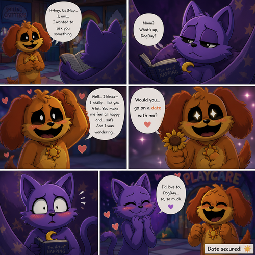 In a anthropomorphic smiling critters universe. DogDay the fluffy doggo has a crush on CatNap (the pretty sleepy kitty cat) and asks for on a date. A well-made animated version.