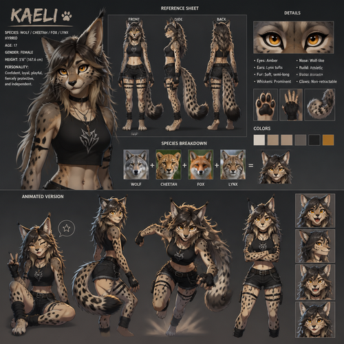A teenager female anthropomorphic wolf cheetah fox and Lynx hybrid with perfect body proportions, reference sheet, animated version 