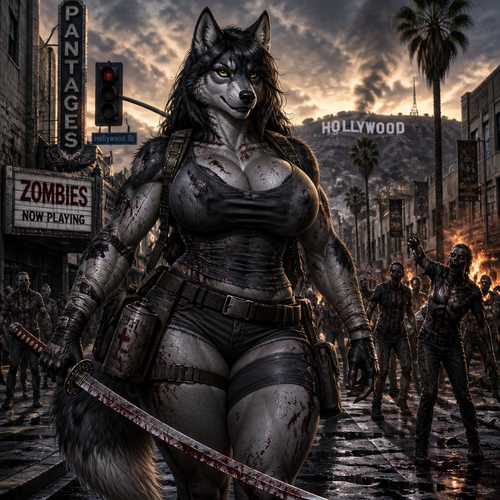A busty well-made adult anthro wolf hound that has thick thighs and survival gear on and holding a saber sword for a blood thirsty zombie apocalypse, in Hollywood.