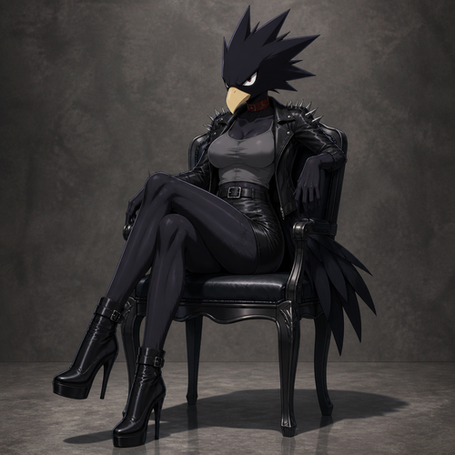 Female Tokoyami Fumikage with a more avian body wearing leather skirt, grey tank top, leather jacket with short spikes and black high heeled boots. Sitting on a chair with her legs crossed and a glare on her face. Anime style, solo, full body.