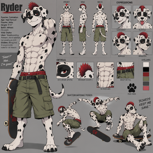 A high school aged male Dalmatian with a mask like spot over both eyes wearing loose green khaki shorts with red boxers being seen above the waistline of the shorts, shirtless showing off a 16 pack of abs, and a short red mohawk. He is a skateboarder that doesn’t like wearing a shirt if he doesn’t have to. Anime art style, reference sheet.