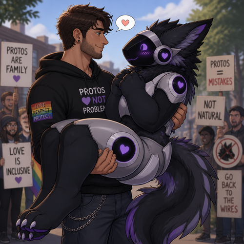 A shy (well-made original character) thick grown Protogen who’s been carried by a friendly/loving Human male as a liberal and a Protogen lover who is saving from the haters. Well-made animated version. Side view. Looking at each other.