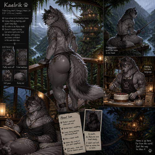 A well-made femboy grown male character, a tribal grey wolf omega that has thick thighs, wide hips, and big fuzzy butt also has fluffy neck included bushy tail who lives on top of a treehouse alone who also likes to go fishing and baking while in a middle of a rain forest from above who also an alpha male’s ex-mate.