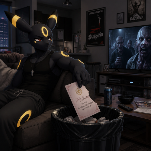 In a anthro Pokemon universe. A grown non-rich Umbreon male who lives in a apartment alone who’s ripped the envelope that says; your invited to dating contest live show; from the grown wealthy Sylveon male (the Barron) and then put it on a trash while continues to watch a zombie horror movie on television. A well-made animated modern life version.