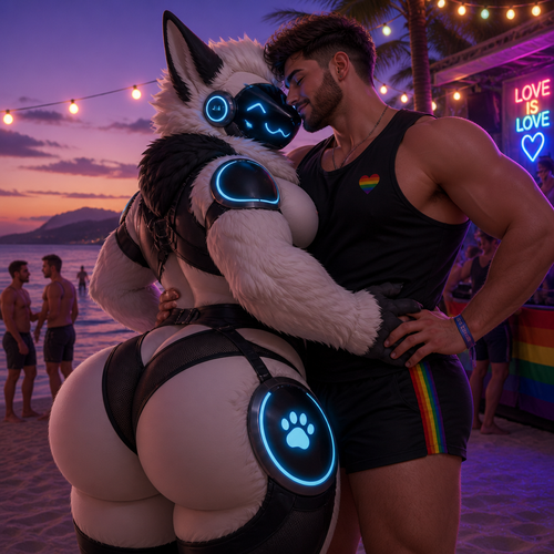 A well-made happy fluffy gay Protogen (male character) with thick thighs and a huge butt also has no tail while being with a gay man holding together in closeness at the party of a beach at dusk. Hand on hips.