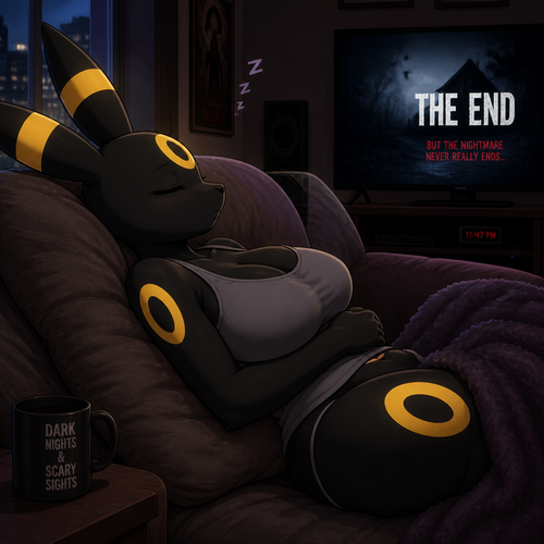 A busty anthropomorphic grownup Umbreon (a female character) that wears a tank-top who’s been sleeping on a very comfy couch eyes closed before a horror/thriller movie ends at the apartment. Animated version. Side view.