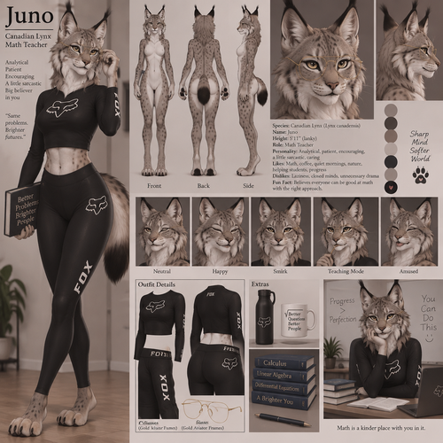 A beautiful lanky female anthropomorphic Canadian Lynx named Juno, is wearing a long sleeve black crop top and black leggings, both her crop top and leggings are fox racing brand, wears glasses, her glasses are gold aviator frames, is a math teacher, is in a room alone, reference sheet