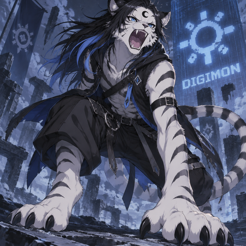 Male, white tiger, blue eyes, long black hair with blue tips, digitigrade footpaws, black sideways crescent on forehead, anime style, slim, teen, digimon, roaring