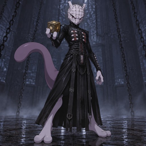 A male Mewtwo dressed up like Pinhead. Anime art style, solo, full body.