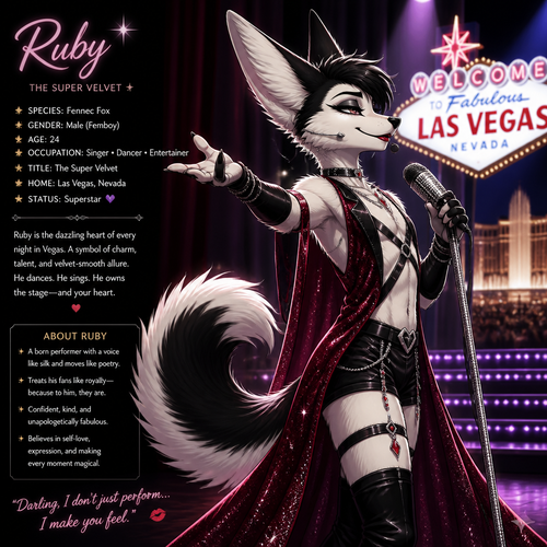 A well-made Black/white furred fennec Fox male named Ruby, wears something attractive for entertainment for a show by self to dance/sing. Wears eyeliner and lipstick. Has a bushy tail. A grown femboy anthro. A star in Las Vegas. Well groomed. Side view. Animated verse. Has good personality. Being a super velvet.