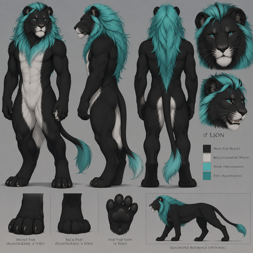 masculine black lion with white belly, aquamarine main that flows down his back mid way, has plantigrade footpaws with four toes, 
