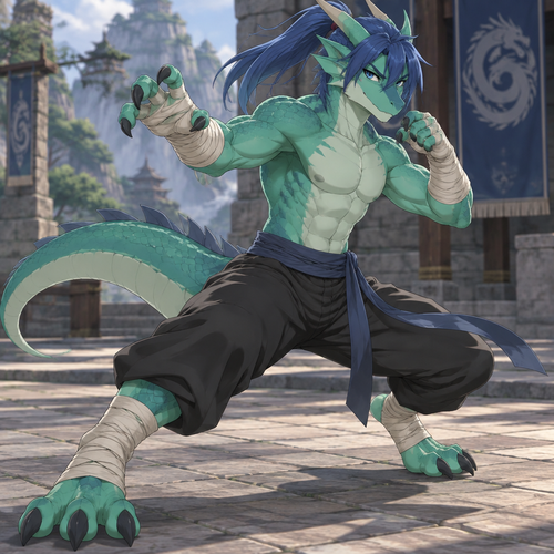 aqua green male anthro dragon with blue anime hair in a pony tail, digitigrade feet, three toes each foot, wrappings around hands and feet, fighting pose