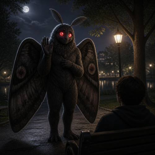 A friendly fuzzy anthropomorphic Mothman that looks attractive and means no harm while spotted a human at night in a middle of a park.
