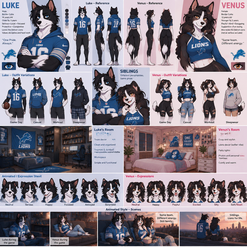 A male anthropomorphic border collie named Luke that is 16 years old and a beautiful female anthropomorphic border collie named Venus that is 13 years old, Venus and Luke are siblings, Luke has blue eyes and Venus has amber eyes, Luke cheers for the Detroit lions and Venus also cheers for the lions but she’s not as serious as Luke is, Venus and Luke have separate rooms, reference sheet, animated version 