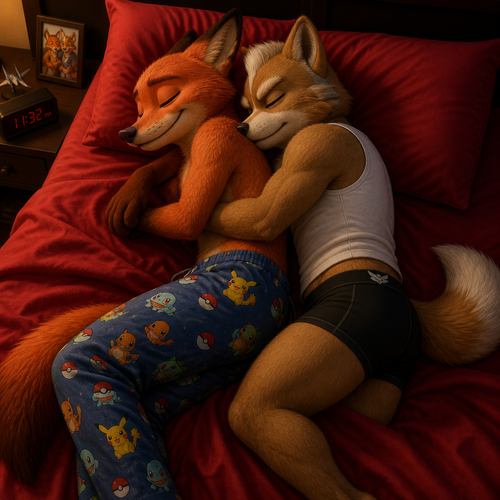 Nick Wilde wearing Pokémon style pajama pants sleeping on a big bed with red sheets. Sleeping next to him is his boyfriend Fox McCloud wearing tight black boxers and a white sleeveless shirt.