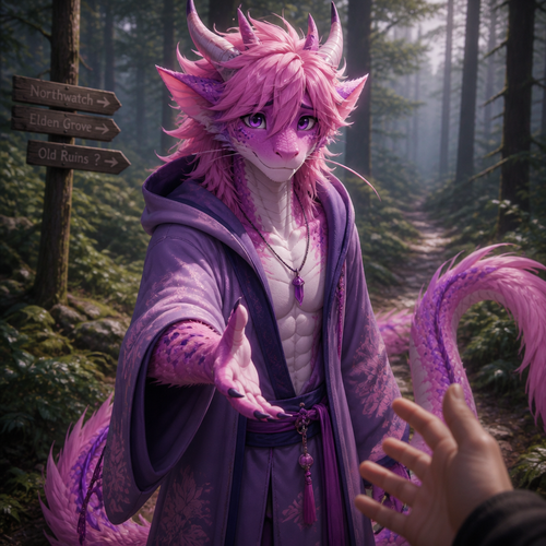 A well-made grown femboy pink and purple furred male character, a anthro Lung dragon that wears a robe with a hoodie who came out of nowhere in a forest and lost but also sees a human and wonder if like to be friends and hoped for not being tricked or worse.