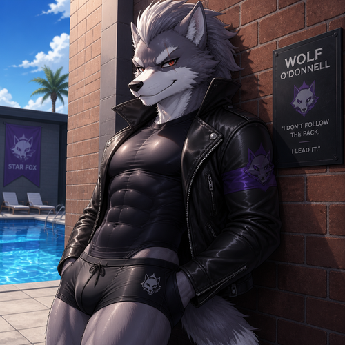 Wolf O’Donnell wearing tight black swim trunks and a tight black shirt and a leather jacket. He has a smirk on his face and push the fur on his head back. He is leaning against a brick building near a pool. Anime style art