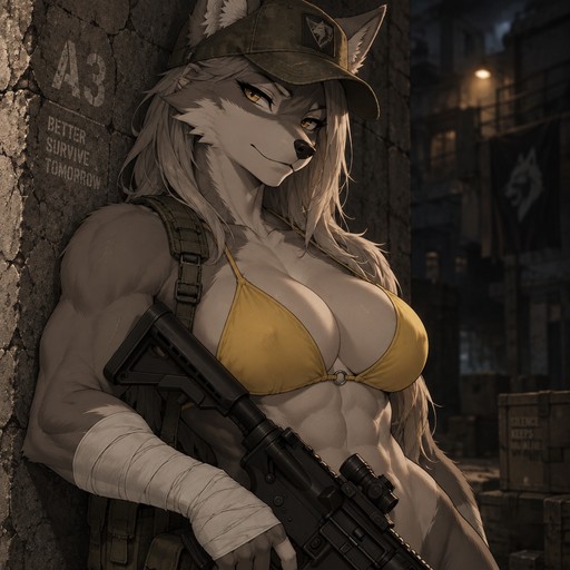 A high-quality 2D anime-style digital illustration depicting an anthropomorphic female wolf with an attractive, muscular physique—featuring strong biceps, a full bust, and defined abdominals—and a confident expression. She wears a weathered, olive-green military-style cap and a vibrant yellow bikini top. Her right arm is wrapped in white bandages, extending from the wrist to the middle of the forearm, and she holds a black tactical rifle. She is leaning against a dark, textured concrete wall in a dimly lit urban setting. The composition is a half-body shot, focusing on the character’s torso and face. The lighting is dramatic and directional, casting soft shadows and highlighting the contours of her silhouette. The color palette is dominated by subdued earthy tones, creating an atmosphere that is rugged yet serene.