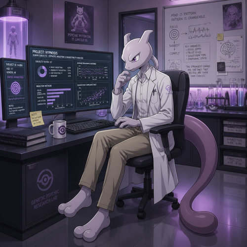 A high school aged male Mewtwo wearing tan khaki pants, white button up shirt, and a lab coat. He is sitting at his computer in his laboratory looking at the data he has collected on hypnotizing humans. Anime art style, solo, full body.