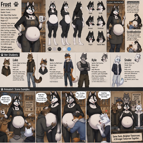 A female anthropomorphic husky named Frost that has a lanky body but a pretty big round belly, has black fur with a white underbelly, is a wood shop teacher, let's her students squeeze rest their head on or even cry into her belly when they are down, has a tradition that her students give her belly a good lick before they leave class (which is a canine thing), shows her class a lanky male anthropomorphic tabby cat named Luke, a lanky male anthropomorphic fox wolf hybrid named Rex, a muscular anthropomorphic male wolf named Kyle, and a anthropomorphic male arctic fox named Snake, reference sheet, animated version 