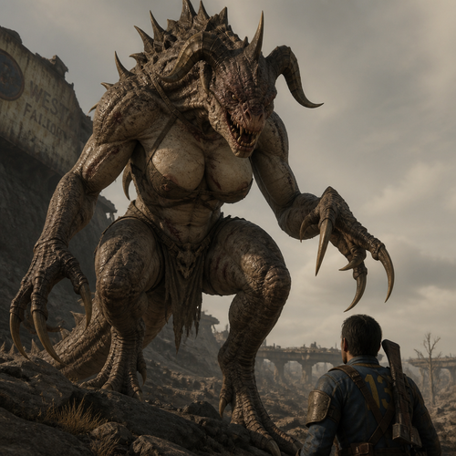 A well-made large female character from fallout, a Deathclaw who sees a human.