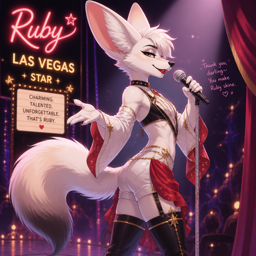 A well-made white furred fennec Fox male named Ruby, wears something attractive for entertainment for a show by self to dance/sing. Wears eyeliner and lipstick. Has a bushy tail. A grown femboy anthro. A star in Las Vegas. Well groomed. Side view. Animated verse. Has good personality.