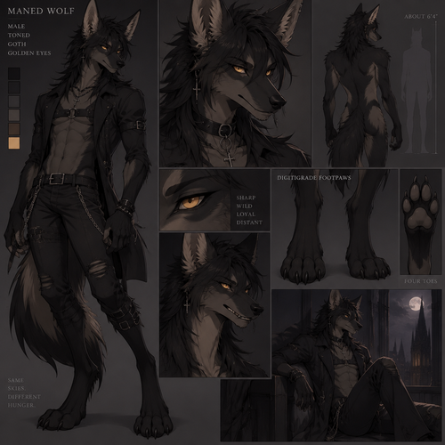Male, black maned wolf, Toned, Golden eyes, digitigrade footpaws, four toes, anime style, goth