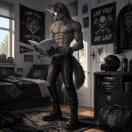 A high school aged male wolf with a white star on his forehead with a horn coming out the middle of the star. He is wearing leather pants, shirtless showing off a 16 pack of abs, and black combat boots. He is looking through a motorcycle catalogue. Anime art style, solo, full body.