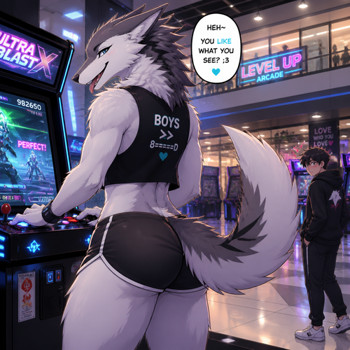 A femboy grown Sergal with fluffy fur and buttocks also wears shorts. Enjoying at the arcade in a modern style mall. Animated version. Likes guys.
