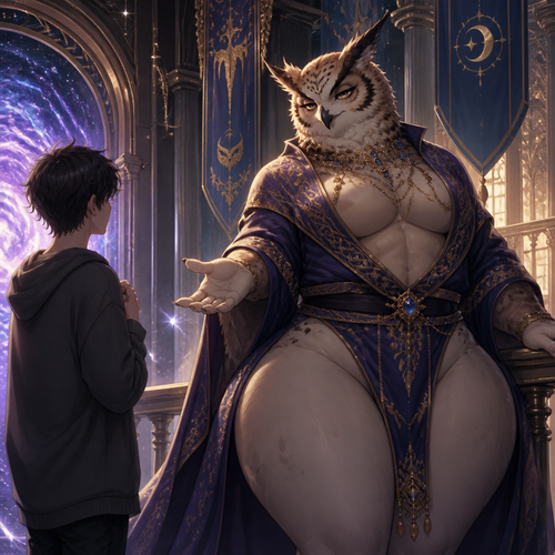 A lovely homosexual gay Owl from somewhere in a palace across the universe with thick thighs and wide hips also wears a robe who greeted a shy human being that came from a portal and means no harm. (A well-made male character and a good view)