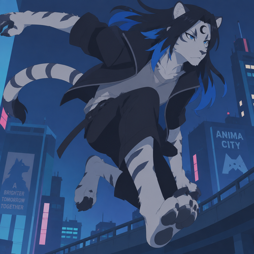 male, anthro, white tiger, long black hair with bright blue tips, black crescent on forehead, blue eyes, digitigrade footpaws, BNA Brand New Animal style, slim, jumping