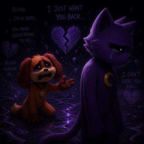 In Smiling critters verse, Dogday tries and begging for an apology for his best friend Catnap to say how sorry, but Catnap looks away and ignoring with feelings hurt and tears with anger and a heart broken. In a void like a bad dream. A broken friendship.
