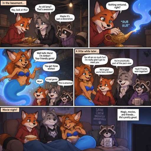 A multi panel comic about a female anthropomorphic fox named Ember a female anthropomorphic wolf named Timber and a female raccoon named Jamie. It starts with them in a basement finding a genie lamp and rub it then a female anthropomorphic fox genie comes out, the genie has a blue tail and is named Amber. After a little while they become friends and start hanging out on the couch and watch a movie, animated style
