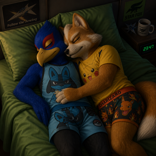 Falco Lombardi wearing Lucario themed sleepwear. He is sleeping on a bed with green sheets. Sleeping next to him is his boyfriend Fox McCloud wearing Charizard theme boxers and a Pikachu theme shirt.