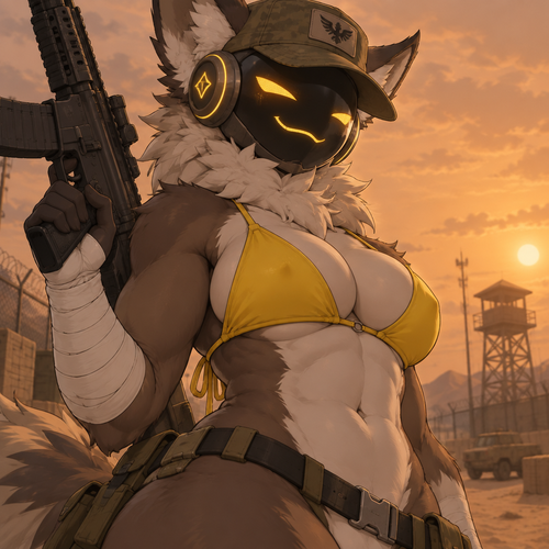A digital illustration of an anthropomorphic Protogen character with an attractive, muscular physique—featuring powerful biceps, a full bust, and defined abs. She wears a weathered olive-drab military cap and a bright yellow bikini top, maintaining a confident expression. Her right arm is heavily wrapped in white bandages extending from the wrist to the mid-forearm, and she holds a black tactical rifle.

She stands in a confident, slightly aroused pose against the backdrop of a desert military base; the silhouette of a distant watchtower and a wire fence stand out beneath a hazy, orange-hued sky. The composition is a half-body shot focusing on the character's torso and face, utilizing a dramatic, extreme angle. Directional lighting creates soft shadows that accentuate the contours of her silhouette. The color palette is dominated by subdued earthy tones that contrast sharply with her fur and the vibrant yellow of her swimwear. The atmosphere is rugged yet serene, rendered in a clean, refined art style featuring anime influences, soft shading, and precise linework.