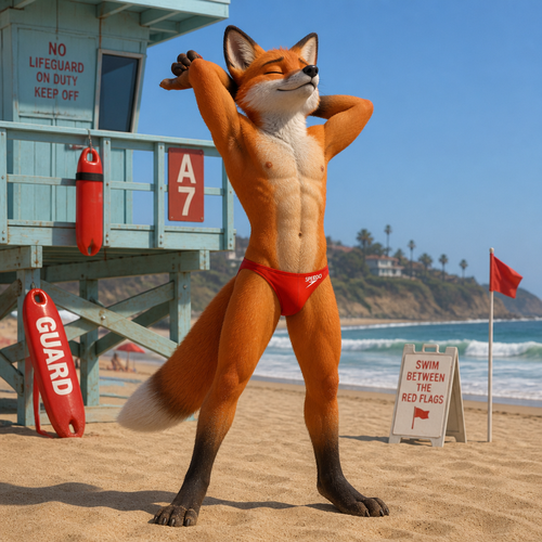 A young male fox stretching from a hard days work. He is a lifeguard at a beach. Wearing a Speedo and no shirt. Full body.