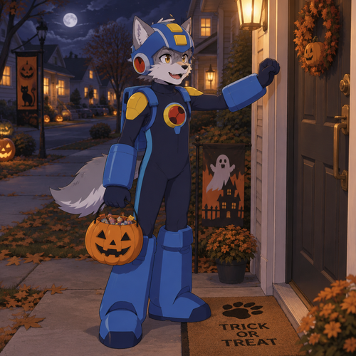 Middle school aged male dire wolf dressed up as Mega Man from the Battle Network series. He is outside going house to house trick-or-treating on Halloween night. Anime art style, full body.