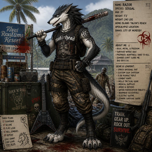A well-made adult Sergal character that loves rock and roll and metal who’s been preparing on a zombie apocalypse, Dead Island.