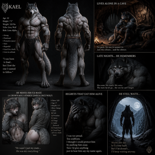 The well-made big and buff alpha male grey wolf tribe at front/rear view who lives in a cave all alone with no pack and misses his ex-mate (a grown male femboy fuzzy omega grey wolf tribe) sadly depressed and have regrets.