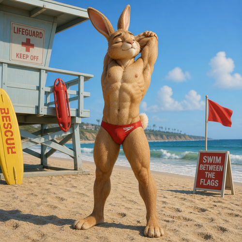 A young male bunny stretching from a hard days work. He is a lifeguard at a beach. Wearing a Speedo and no shirt. Full body.