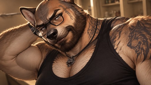Muscular anthropomorphic canine wearing glasses and a tank top, reclining indoors in warm light.