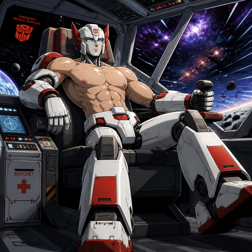 Ratchet flying in his spaceship without a shirt because of how sweaty he is from working. Anime art style, solo, full body.