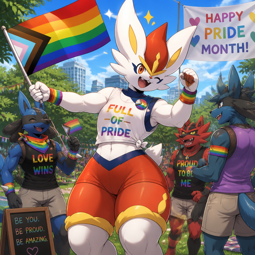 A well-made Pokemon character, Cinderace. Has thick thighs and short tail. Celebrating on today’s pride month. Having a good day. At the park with other males.