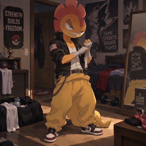 A male Scrafty wearing an American delinquent outfit. He is in his house, preparing for a street fight. Anime art style, solo, full body.