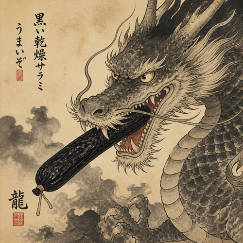 Japanese art style.dragon biting long black dry sausage.