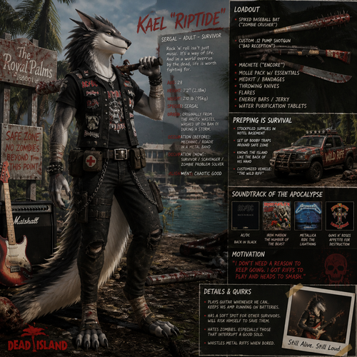 A well-made adult Sergal character that loves rock and roll and metal who’s been preparing on a zombie apocalypse, Dead Island.