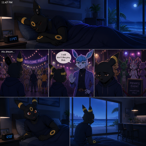 Rick (the non-rich Umbreon male) who lives in a small modern house at the beach. Sleeps in his bed at night while having a bad dream about the Barron (the wealthy Glaceon male) who still doesn’t like him while being rejected from a welcoming party. Well-made animated version. In an anthropomorphic universe. A modern life.